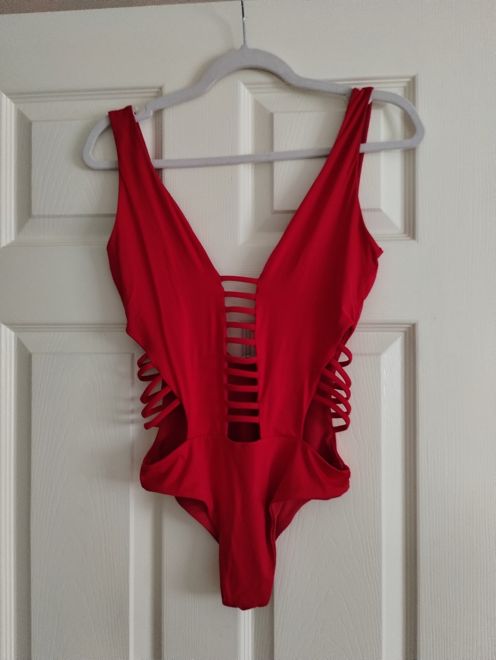 Lady Lux Strappy Deep-V Red One-Piece Swimsuit
